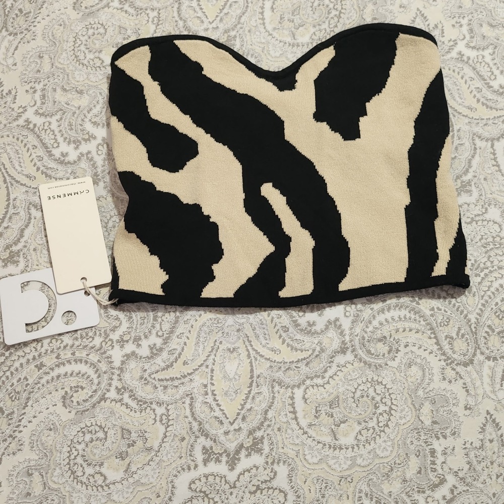 Commense Zebra Print Knit Tube Top Strapless Sweetheart Neck Black Cream Small